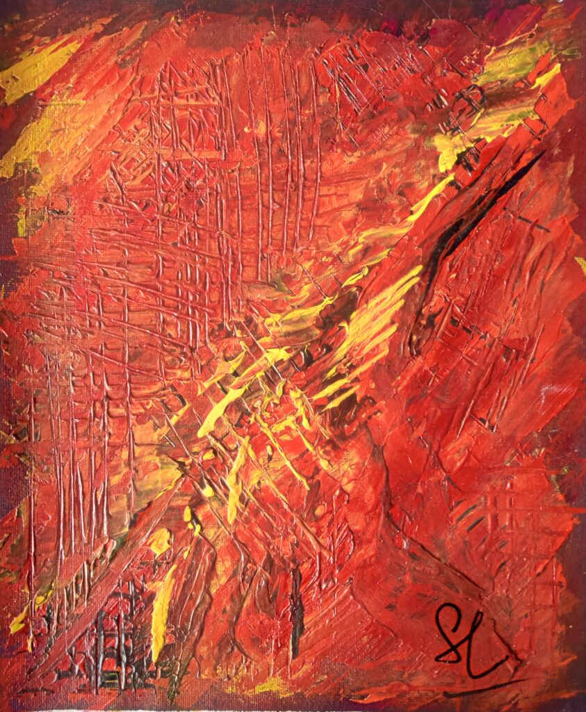 Peinture abstraite rouge trait contemporain sur feuille de toile
