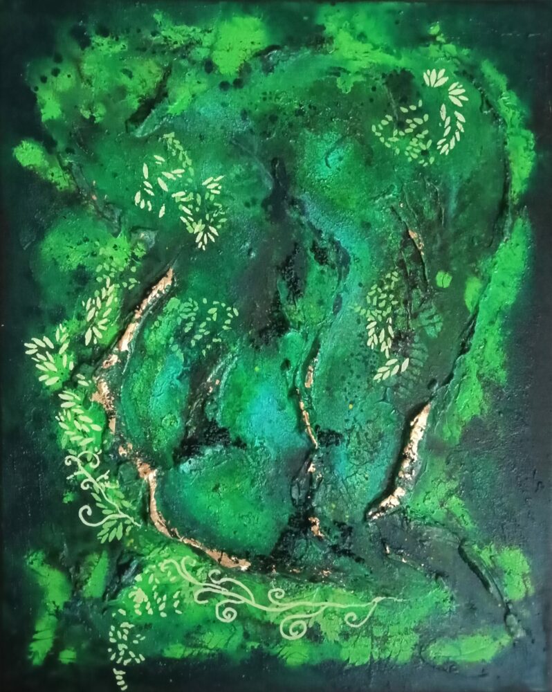 Tableau acrylique de tons verts, style semi-abstrait contemporain, représente La malachite avec ses reliefs crées par les structures de poudre de marbre, effilochées de feuilles d'or, d'ombres et de lumières.