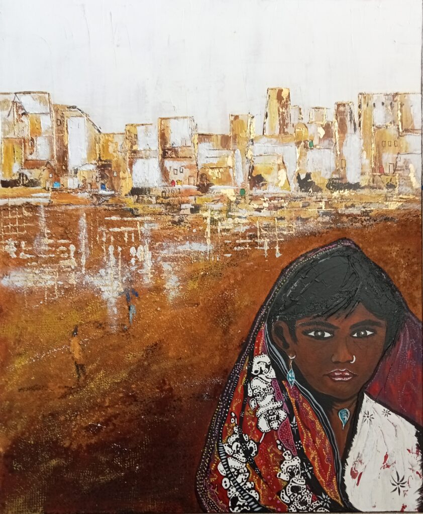 tableau semi-abstrait petite fille de Jaisalmer tons ocres marron et feuilles dor
