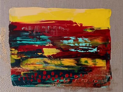 Peinture de style abstrait représentant un paysage de nombreuses couleurs vives, traits et graphismes, évoquant les plaines normandes en période estivale.