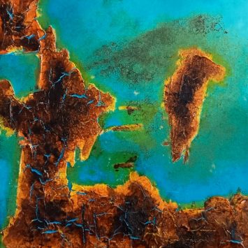 vue aérienne de plages ocre jaune et d'océan bleu turquoise, acrylique et matières pour décrire la matière des montagnes et côtes de plage ou d'iles;