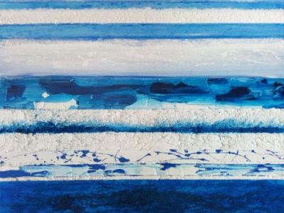 tableau abstrait avec lignes bleues et blanches, et textures différentes.