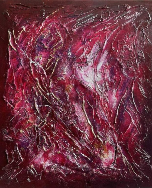 Tableau abstrait contemporain sur fond de couleur rouge, bordeaux, elle représente grâce à ses textures et reliefs la pierre précieuse de la spinelle rouge.