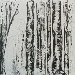 Tableau monochrome en noir et blanc avec ses nuances de gris en acrylique, style figuratif, avec textures, représentant les peupliers, ces arbres à l'écorce blanche