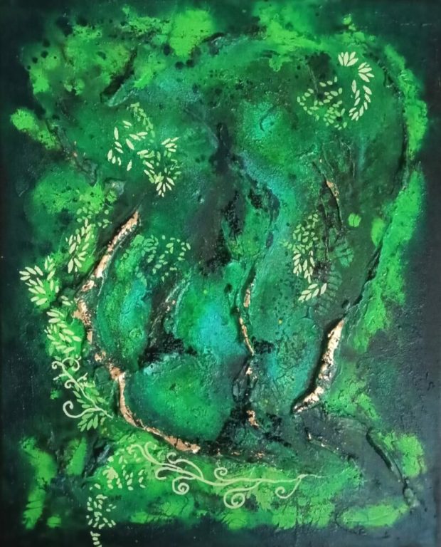 Tableau acrylique de tons verts, style semi-abstrait contemporain, représente La malachite avec ses reliefs crées par les structures de poudre de marbre, effilochées de feuilles d'or, d'ombres et de lumières.