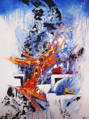 tableau moderne, contemporain de grand format aux mixed media numéro 1 jaune, avec fond dégradé bleu