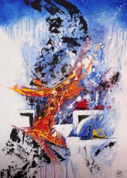tableau moderne, contemporain de grand format aux mixed media numéro 1 jaune, avec fond dégradé bleu