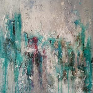 tableau carré abstrait vert-de-gris avec matières et coulures