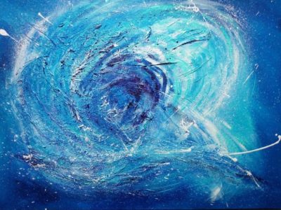 oeuvre abstraite à dominance bleue et blanc ciel galaxie mer vague