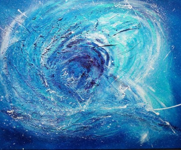 oeuvre abstraite à dominance bleue et blanc ciel galaxie mer vague